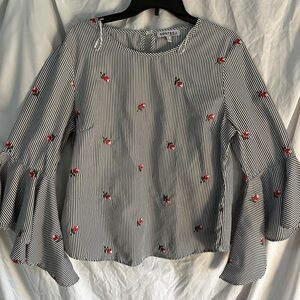 Black and White Striped Blouse with Floral Details